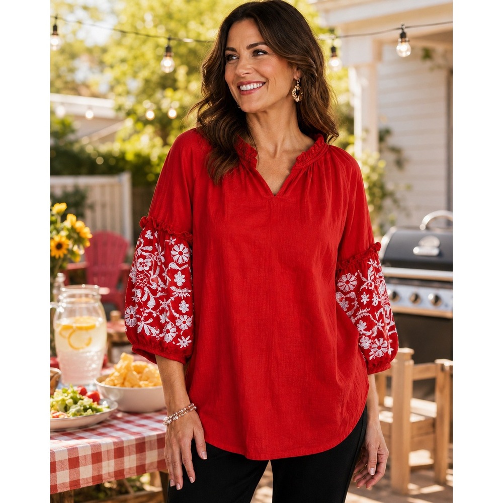 Liz Claiborne Red Cotton Gauze Embroidered Balloon Sleeve Peasant Top Large